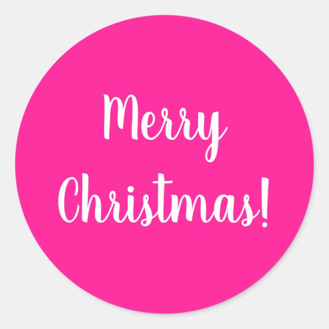 Merry Christmas Hot Pink and White Classic Round Sticker (Front)