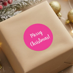 Merry Christmas Hot Pink and White Classic Round Sticker