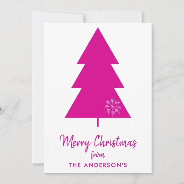 Merry Christmas Hot Pink Christmas Tree Holiday Card (Front)