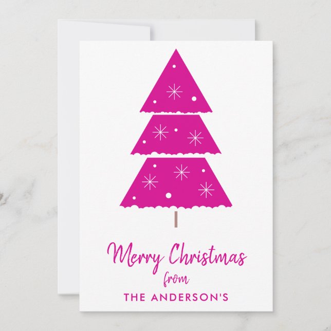 Merry Christmas Hot Pink Christmas Tree Snowflakes Holiday Card (Front)