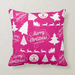 Merry Christmas Hot Pink Holiday Xmas Design Cushion
