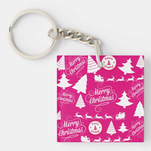 Merry Christmas Hot Pink Holiday Xmas Design Key Ring (Front)