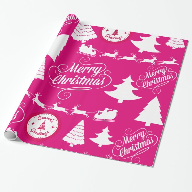 Merry Christmas Hot Pink Holiday Xmas Design Wrapping Paper (Unrolled)