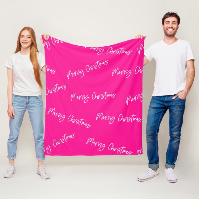 Merry Christmas Hot Pink Modern Script Fleece Blanket (In Situ)