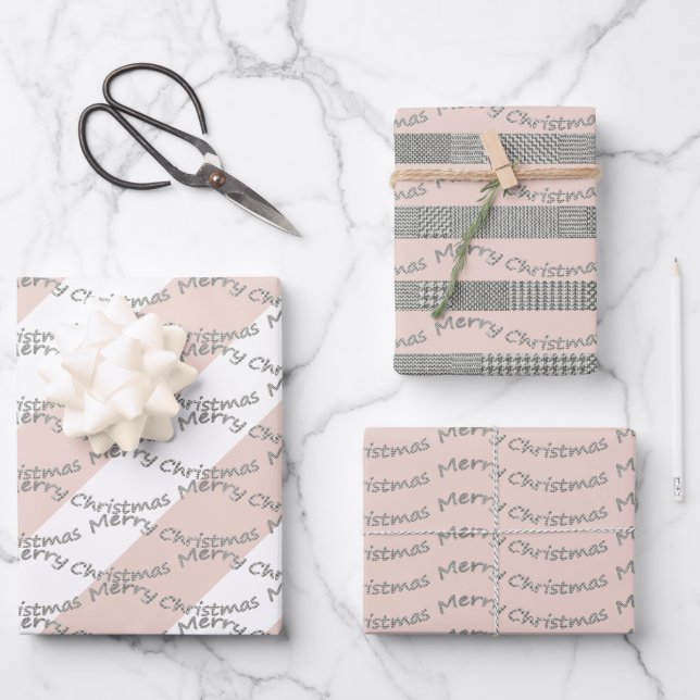 Merry Christmas Houndstooth Pattern, Stripes Wrapping Paper Sheet (Front)