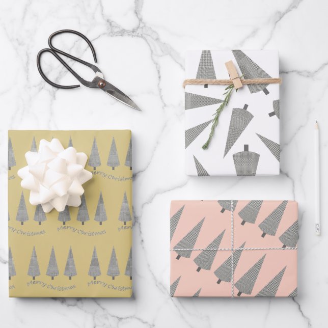 Merry Christmas Houndstooth Tree Pattern Wrapping Paper Sheet (Front)