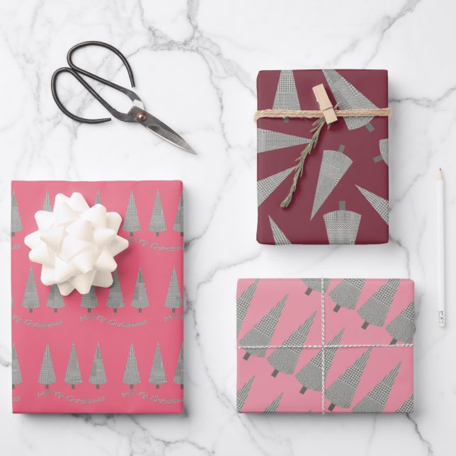 Merry Christmas Houndstooth Tree Pattern Wrapping Paper Sheet (Front)