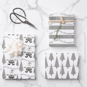 Merry Christmas Houndstooth Tree Santa Pattern Wrapping Paper Sheet