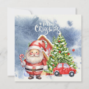 Merry Christmas house with tree and red car snow Holiday Card