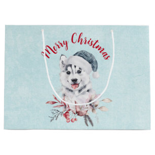 Merry Christmas Husky Dog in a Santa Hat Large Gift Bag