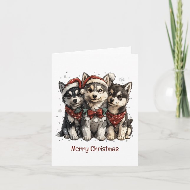 Merry Christmas Husky Dogs Holiday Card (Front)
