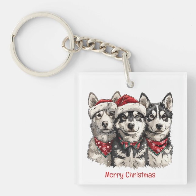 Merry Christmas Husky Dogs Key Ring (Front)