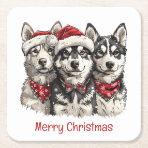 Merry Christmas Husky Dogs Square Paper Coaster