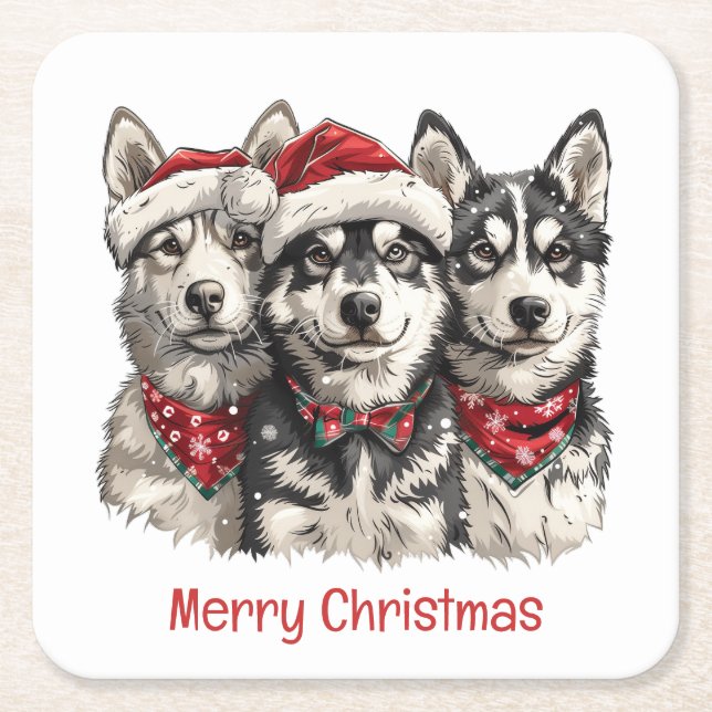 Merry Christmas Husky Dogs Square Paper Coaster (Front)