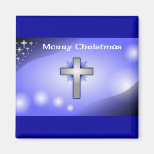 Merry Christmas Ice Blue Glowing Cross Magnet