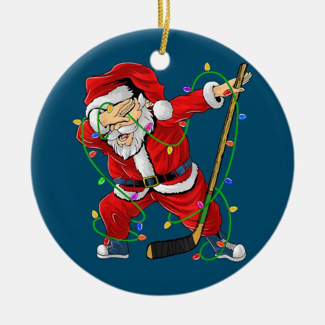 Merry Christmas Ice Hockey Dabbing Santa Claus Ceramic Tree Decoration (Front)