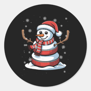 Merry Christmas Ice Hockey Snowman Holiday Sports Classic Round Sticker