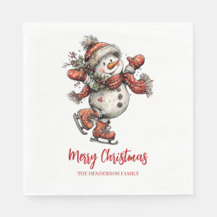 Merry Christmas Ice Skates Snowman Napkin