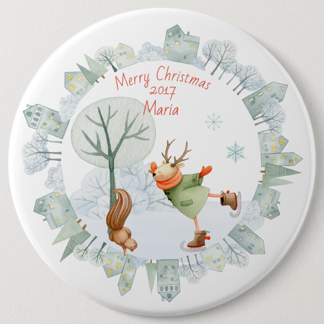 Merry Christmas Ice Skating Deer in Winter on 6 Cm Round Badge (Front)