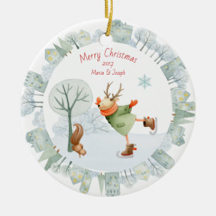Merry Christmas Ice Skating Deer in Winter on Ceramic Tree Decoration