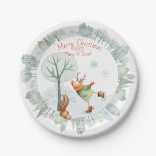 Merry Christmas Ice Skating Deer in Winter on Paper Plate