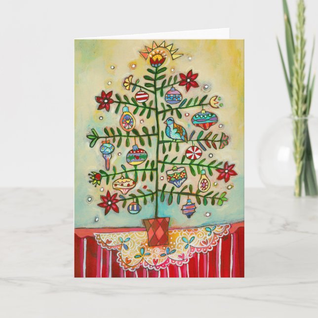 Merry Christmas Illustrated Folk Tree Holiday Card (Front)