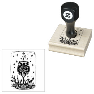 Merry Christmas in a Wine Glass  Rubber Stamp