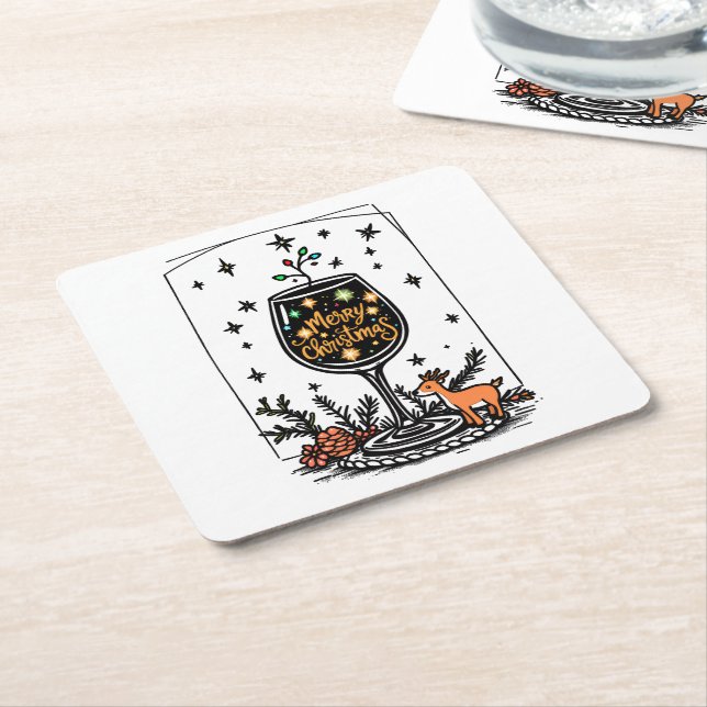 Merry Christmas in a Wine Glass  Square Paper Coaster (Angled)
