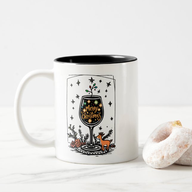 Merry Christmas in a Wine Glass  Two-Tone Coffee Mug (With Donut)