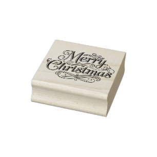 Merry Christmas in Black Lines Silhouette  Rubber Stamp