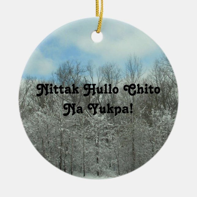 Merry Christmas in Choctaw Ceramic Tree Decoration (Front)