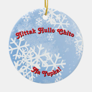 Merry Christmas in Choctaw w Snowflake backgrond  Ceramic Tree Decoration
