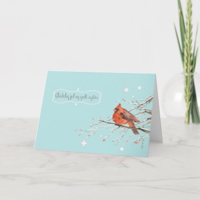 Merry Christmas in Danish, red cardinal bird Holiday Card (Front)