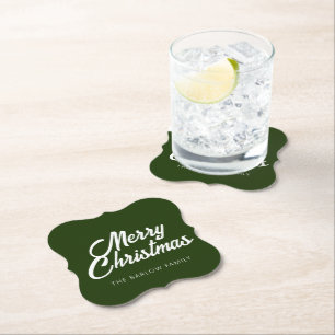 Merry Christmas in Forest/Dark Green Paper Coaster