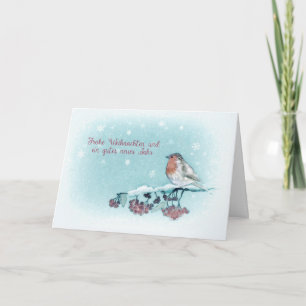 Merry Christmas in German, Robin, Berries, Holiday Card