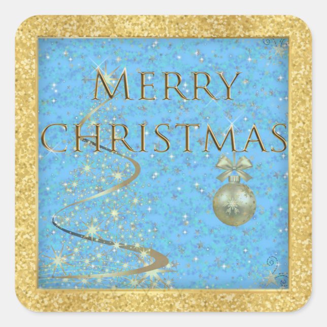 Merry Christmas in Gold and Blue  Square Sticker (Front)