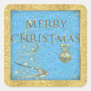 Merry Christmas in Gold and Blue  Square Sticker