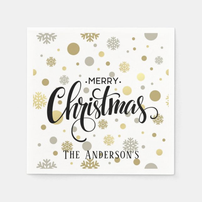 Merry Christmas in Gold and Silver Snow Customise Napkin (Front)