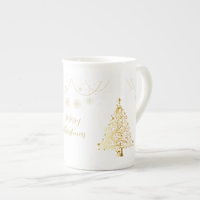 Merry Christmas in Gold Bone China Mug (Front Right)