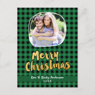 Merry Christmas in Gold Green Plaid Photo Card