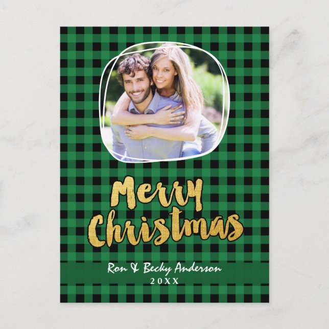 Merry Christmas in Gold Green Plaid Photo Card (Front)