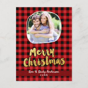 Merry Christmas in Gold Red Plaid Photo Card