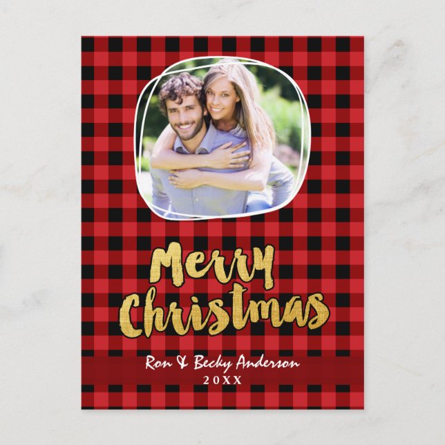 Merry Christmas in Gold Red Plaid Photo Card (Front)