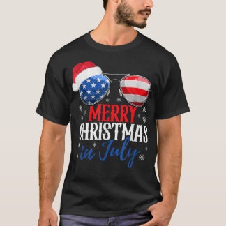 Merry Christmas In July American Flag Santa Claus  T-Shirt
