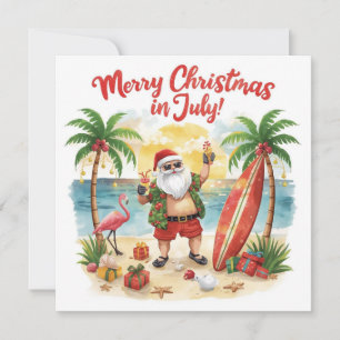 Merry Christmas in July at beach with Santa Holiday Card