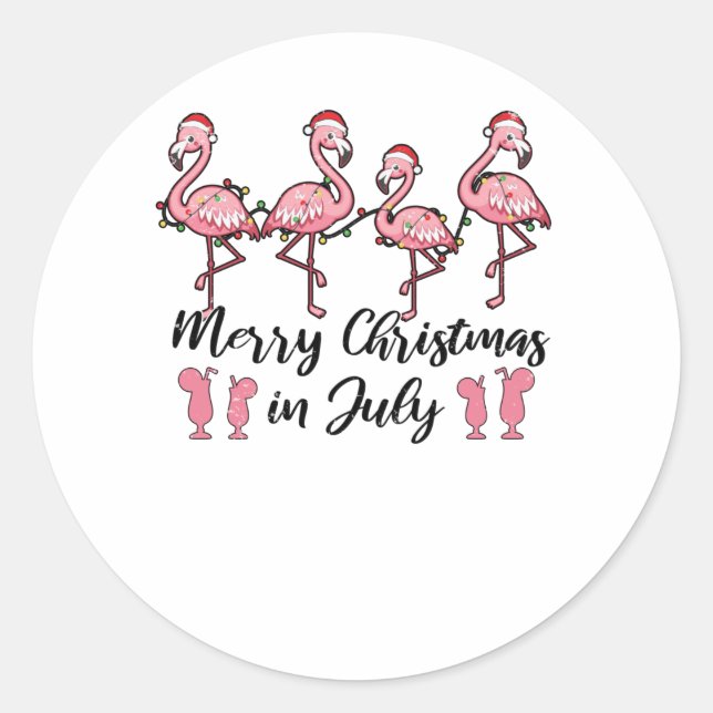 Merry Christmas In July Flamingo Summer Cocktail Classic Round Sticker (Front)