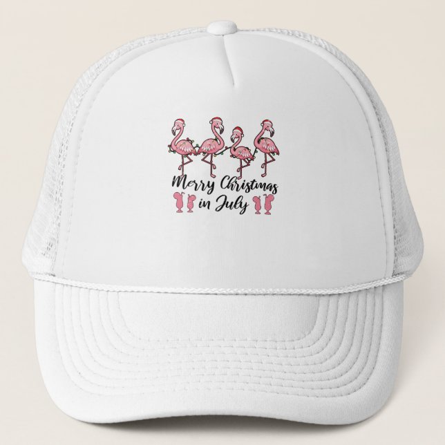 Merry Christmas In July Flamingo Summer Cocktail Trucker Hat (Front)