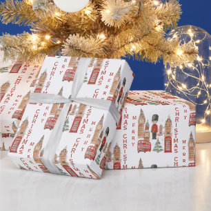 Merry Christmas in London Red Bus, Big Ben Wrapping Paper