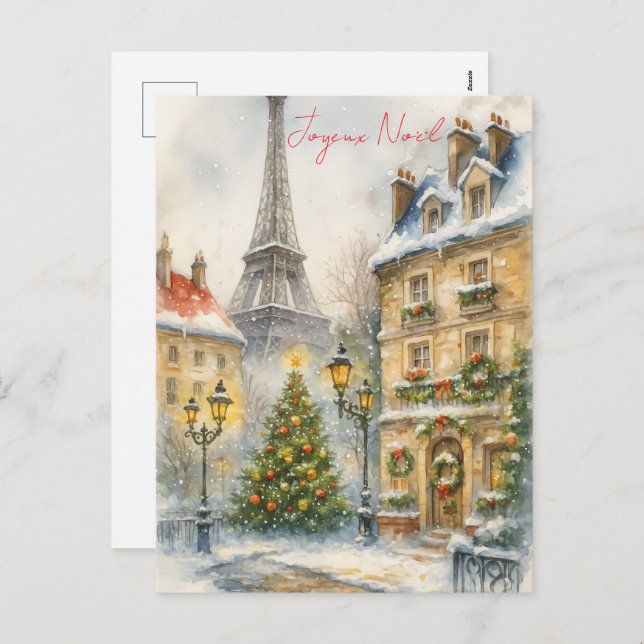 Merry Christmas in Paris Watercolor Eiffel Tower  Holiday Postcard (Front/Back)