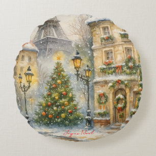 Merry Christmas in Paris Watercolor Eiffel Tower Round Cushion